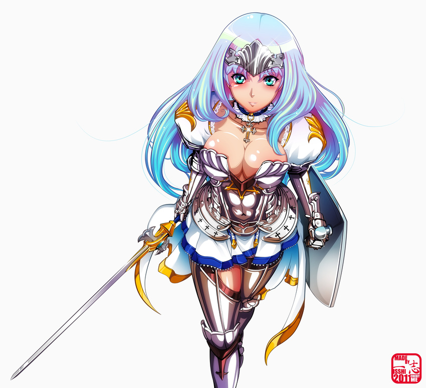 absurdres annelotte armor armored_dress breasts cleavage feet_out_of_frame gradient_hair green_eyes highres holding holding_sword holding_weapon isshi large_breasts looking_at_viewer multicolored_hair navel queen's_blade queen's_blade_rebellion shield solo standing sword thighhighs tiara weapon