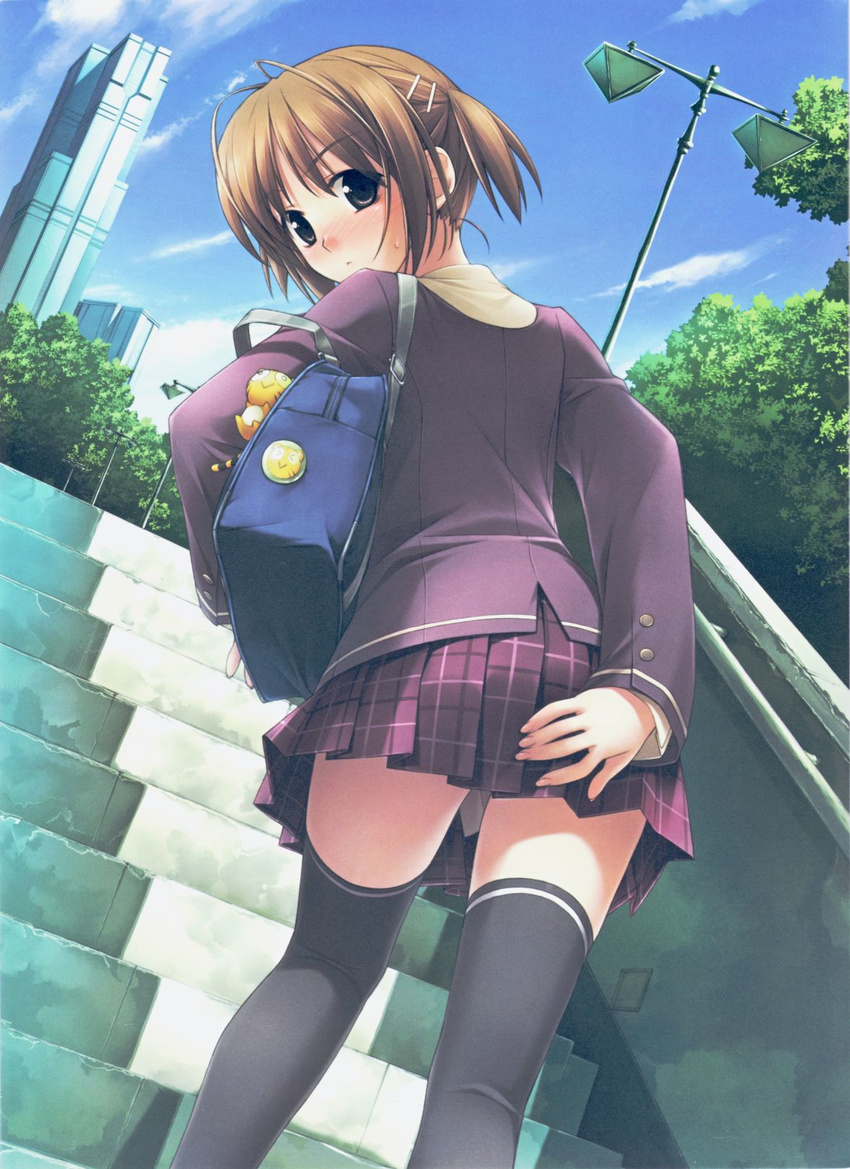 ass bag black_eyes blush brown_hair building character_request city cloud covering covering_ass day hair_ornament hashimoto_takashi highres kneepits lamppost looking_back school_bag school_uniform short_hair skirt sky skyscraper solo stairs thighhighs toranoana tree zettai_ryouiki