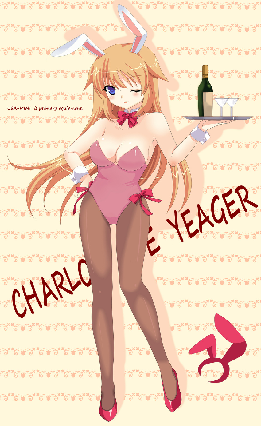 absurdres alcohol animal_ears bare_shoulders blue_eyes bottle bow bowtie breasts bunny_ears bunnysuit charlotte_e_yeager cleavage cup detached_collar drinking_glass hairband hand_on_hip high_heels highres himeya_no_marimo long_hair medium_breasts one_eye_closed orange_hair pantyhose shoes solo strike_witches tray wine wine_glass world_witches_series wrist_cuffs