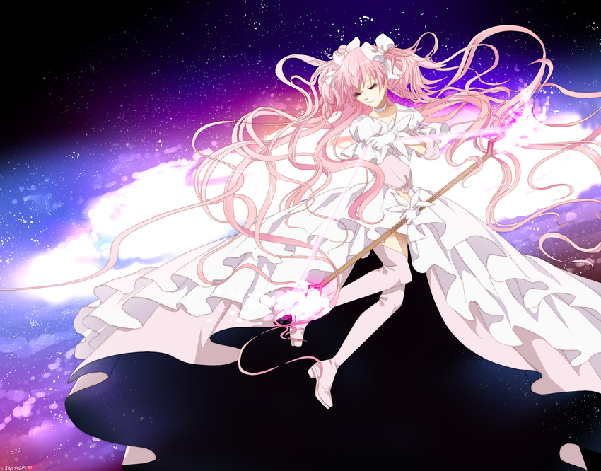 alternate_costume bow bow_(weapon) dress erin_(whipcreamai) galaxy gloves hair_bow highres kaname_madoka long_hair magical_girl mahou_shoujo_madoka_magica pink_hair smile solo space spoilers thighhighs twintails ultimate_madoka very_long_hair weapon white_gloves
