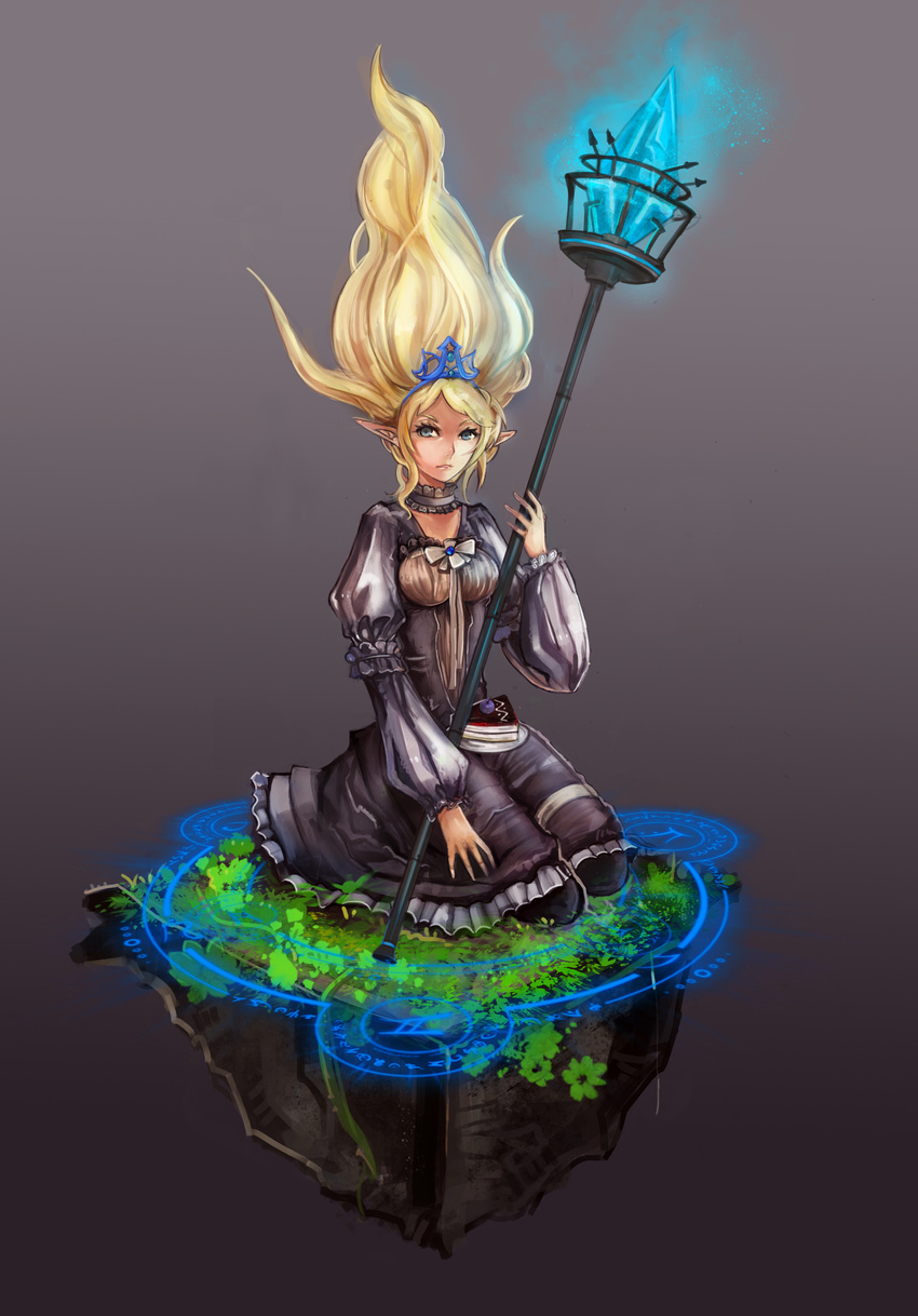 blonde_hair blue_eyes choker crystal dress elf floating_hair frilled_dress frills highres janna_windforce league_of_legends long_hair long_sleeves magic_circle plant pointy_ears puffy_sleeves seiza shevan simple_background sitting solo staff tiara