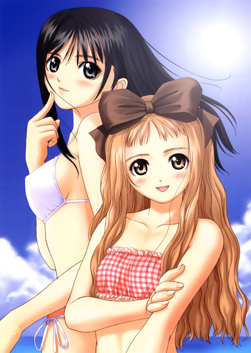 absurdres bikini black_eyes black_hair blush brown_eyes brown_hair flat_chest genmukan highres long_hair looking_back multiple_girls nakakouji_ayano petite side-tie_bikini smile swimsuit tanaka_takayuki watase_nozomi