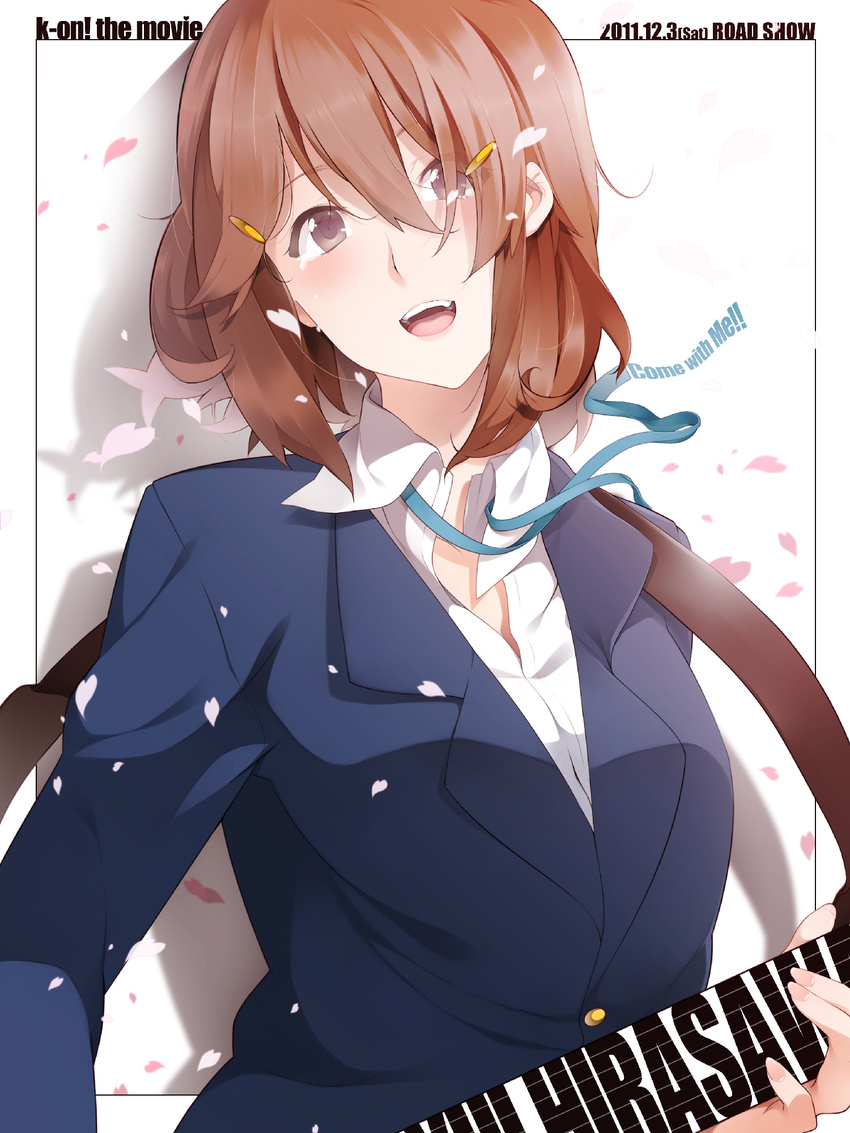 bad_id bad_pixiv_id brown_eyes brown_hair cherry_blossoms guitar highres hirasawa_yui instrument k-on! nanao_(mahaya) petals school_uniform short_hair solo