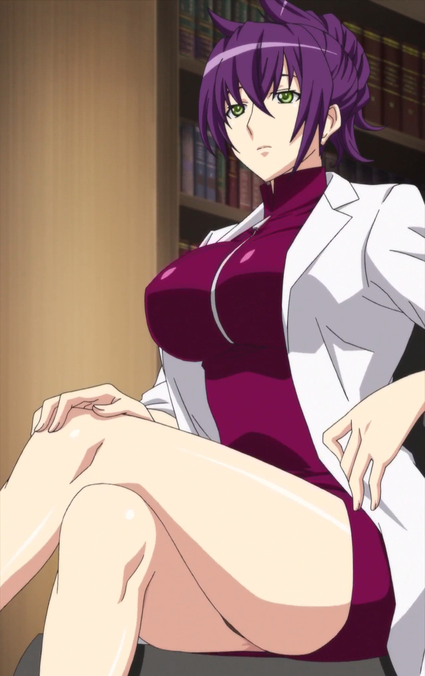 breasts cap crossed_legs green_eyes highres labcoat large_breasts legs legs_crossed long_legs miniskirt oikawa_urada purple_hair screencap seikon_no_qwaser sitting skirt stitched thighs zipper