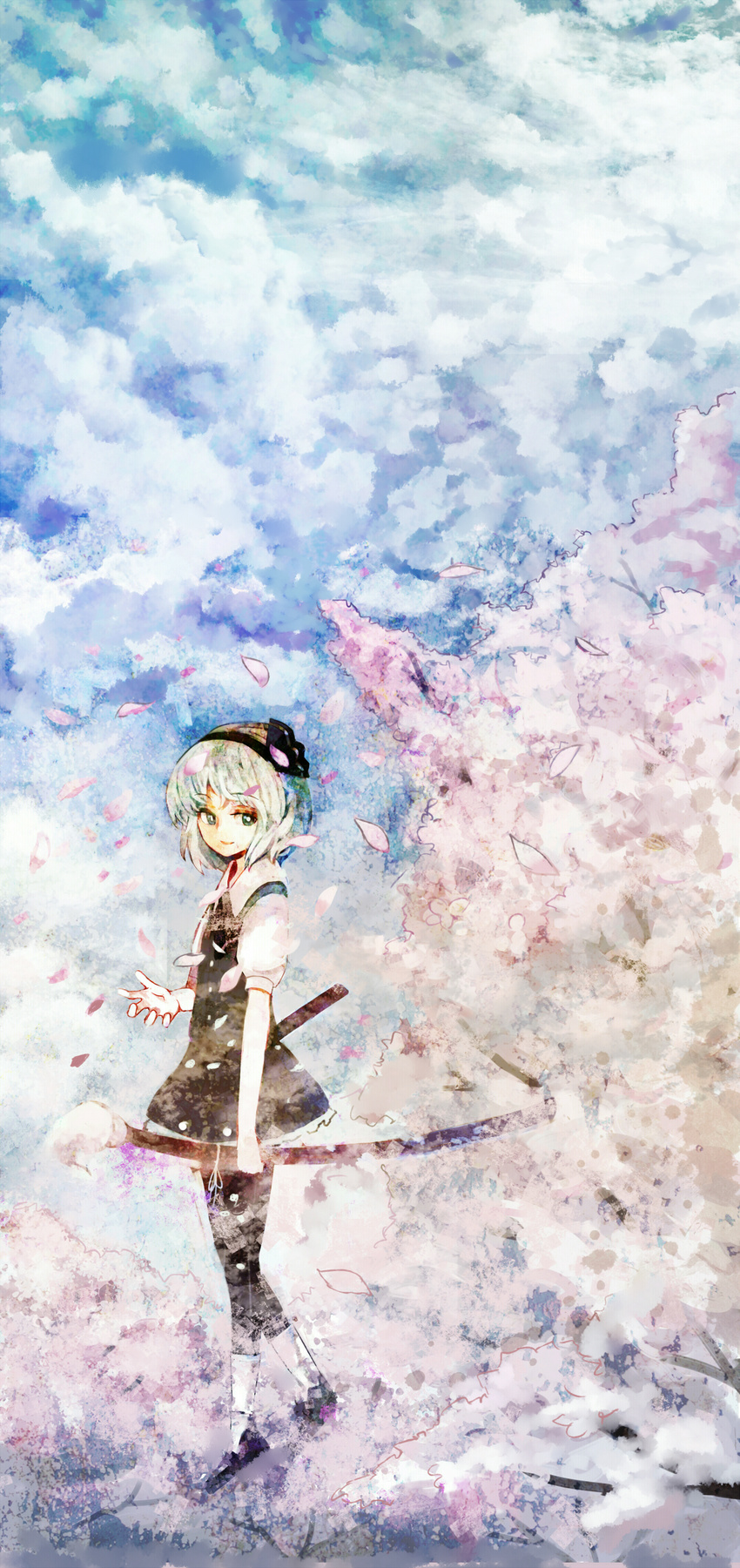 cherry_blossoms green_eyes hairband highres katana konpaku_youmu mary_janes organ_derwald pantyhose petals ribbon scabbard sheath shoes short_hair silver_hair skirt sky smile solo sword tassel touhou vest weapon white_hair