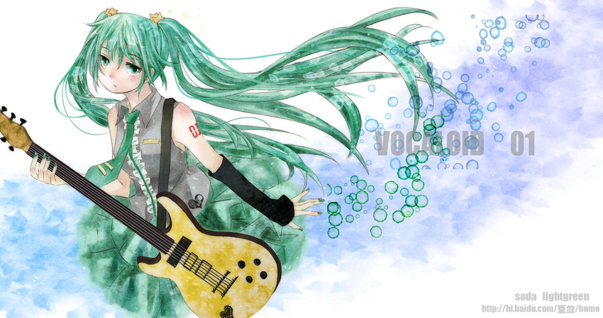 arm_warmers fengzao green_eyes green_hair guitar hatsune_miku instrument left-handed long_hair nail_polish necktie skirt solo twintails very_long_hair vocaloid