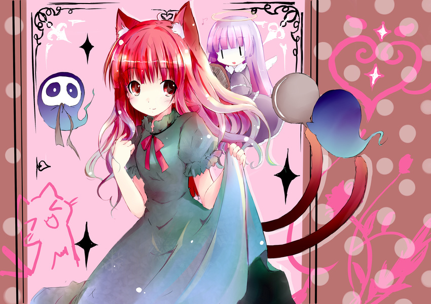 absurdres alternate_hairstyle animal_ears cat_ears cat_tail ghost hair_brush hair_brushing highres kaenbyou_rin long_hair multiple_girls multiple_tails red_eyes red_hair shichinose tail touhou zombie_fairy