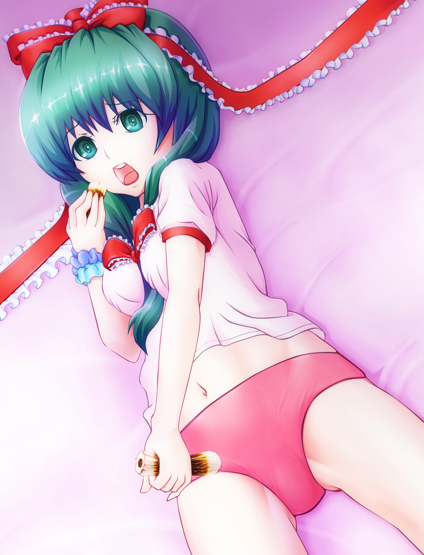 alternate_costume bad_id bad_pixiv_id blush bow buruma chikuwa food front_ponytail green_eyes green_hair gym_uniform hair_bow hair_ribbon highres kagiyama_hina long_hair m-1_grand_prix midriff navel puem ribbon solo touhou