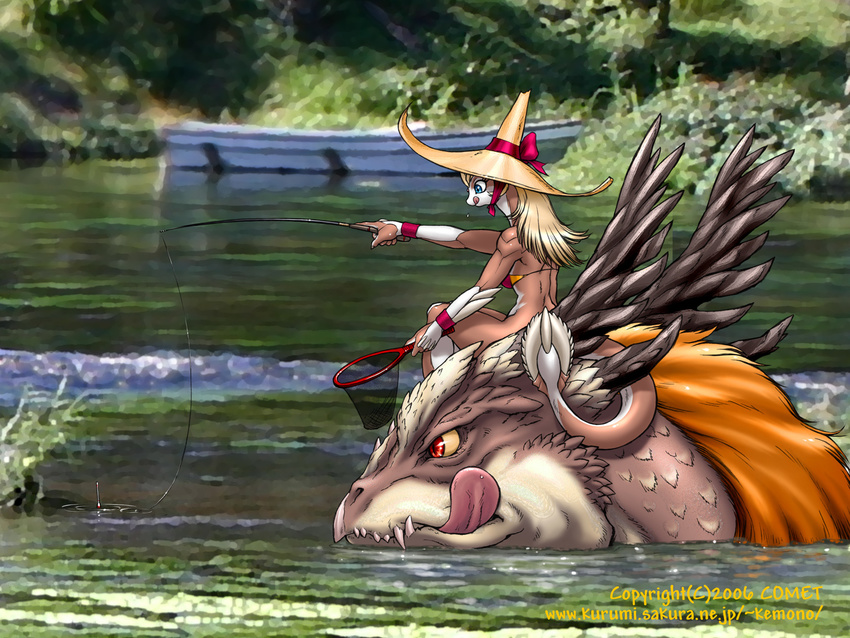 2006 4:3 dr_comet dragon female fishing green lizard long_neck monster pond scalie solo summer tongue wallpaper トカゲ娘