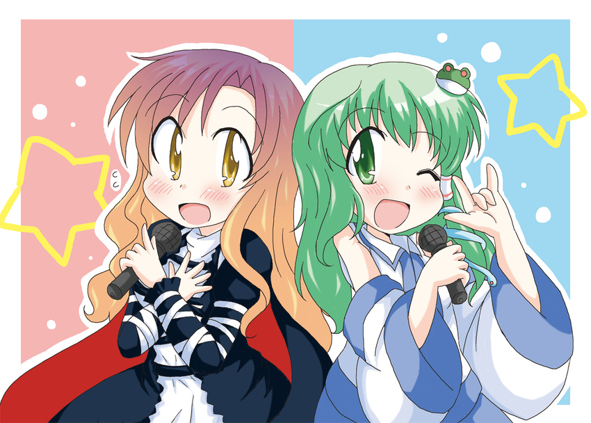 detached_sleeves geetsu green_eyes green_hair hair_ornament hijiri_byakuren kochiya_sanae long_hair microphone multicolored_hair multiple_girls one_eye_closed touhou yellow_eyes