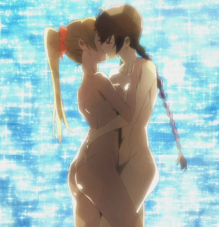 2girls ass ass_grab beach blush brown_hair buns busujima_saeko cap dimples_of_venus eyes_closed fanservice highschool_of_the_dead kiss large_breasts legs miyamoto_rei nude pony_tail ponytail purple_hair twin_braids yuri