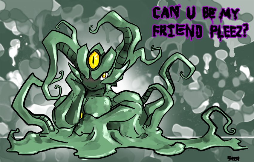 blush green grin looking_at_viewer male monster multiple_eyes muscles sheer solo tentacles yellow_eyes