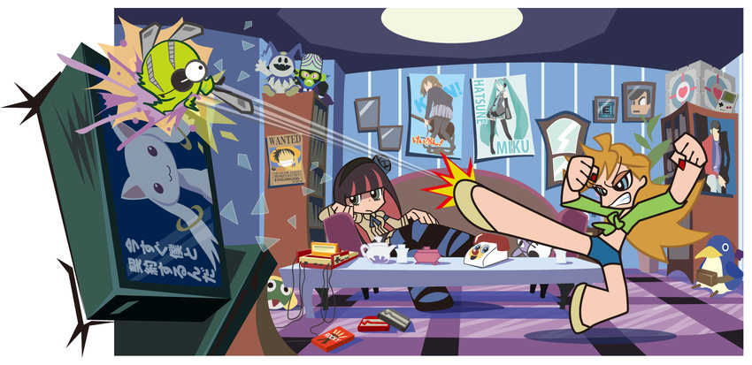 :3 arsene_lupin_iii bat_wings blonde_hair blue_eyes brown_hair cable cameo character_doll chuck_(psg) controller corded_phone disgaea downtown_nekketsu_monogatari energy_tank famicom fang food front-tie_top game_boy game_console game_controller gamepad green_eyes green_hair guitar hair_ornament hairband hairclip handheld_game_console hatsune_miku heart highres hirasawa_yui honekoneko_(psg) instrument jack_frost jacket k-on! keroro keroro_gunsou kicking kisha_(quo_inari_taisha) kunio-kun kunio-kun_series kyubey long_hair lupin_iii mahou_shoujo_madoka_magica make_a_contract midriff mojo_jojo monkey_d_luffy multicolored_hair multiple_girls nail_polish necktie official_style one_piece panty_&amp;_stocking_with_garterbelt panty_(psg) pantyhose phone pink_hair pocky portal portal_(series) poster_(object) powerpuff_girls prinny purple_hair purple_neckwear red_jacket rockman school_uniform shin_megami_tensei shirt shorts skirt stocking_(psg) striped striped_legwear television thighhighs tied_shirt twintails two-tone_hair very_long_hair vocaloid weighted_companion_cube wings zettai_ryouiki