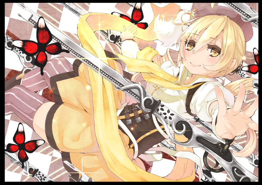 bad_id bad_pixiv_id beret blonde_hair blush body_blush boots border brown_legwear bug butterfly checkered checkered_background checkered_floor detached_sleeves drill_hair dutch_angle gun hair_ornament hairpin hat insect leaning_forward looking_at_viewer looking_back magical_girl magical_musket mahou_shoujo_madoka_magica outstretched_arm outstretched_hand pleated_skirt puffy_sleeves ribbon rifle short_hair skirt solo sparkle standing striped striped_legwear takuan_(takuan0907) thighhighs tomoe_mami twin_drills twintails vertical-striped_legwear vertical_stripes weapon yellow_eyes zettai_ryouiki