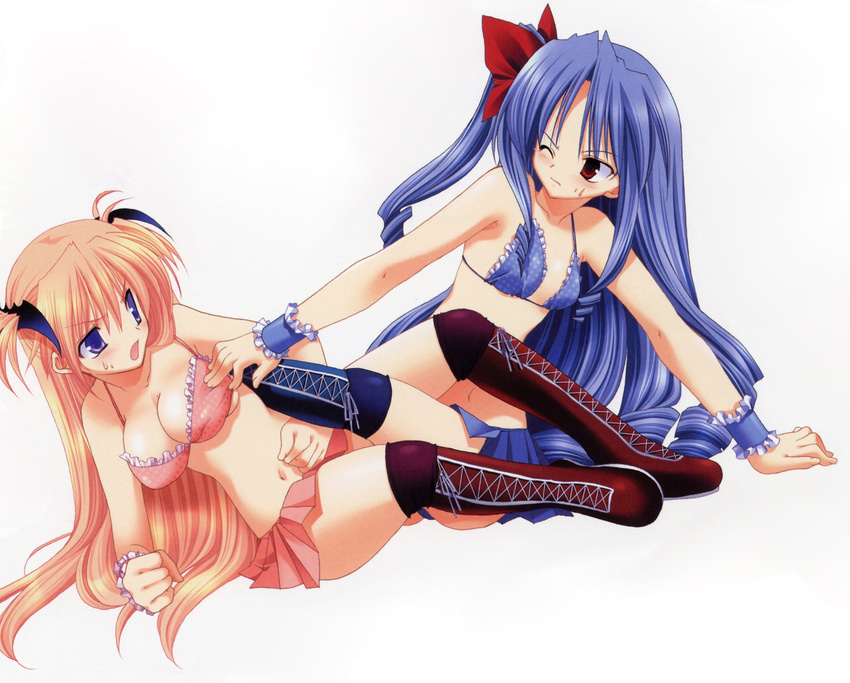 artist_request bikini blue_hair boots bow breasts cleavage frills goshuushou-sama_ninomiya-kun hair_bow highres houjou_reika jpeg_artifacts long_hair medium_breasts multiple_girls purple_eyes red_eyes ribbon sexually_suggestive side_ponytail source_request swimsuit tsukimura_mayu twintails very_long_hair wrestling wrist_cuffs