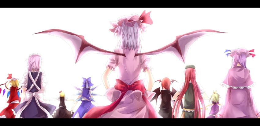 back bat_wings blonde_hair cirno daiyousei flandre_scarlet from_behind green_hair hat head_wings hong_meiling izayoi_sakuya koakuma letterboxed lineup long_hair maid maid_headdress multiple_girls outstretched_arms patchouli_knowledge purple_hair ram_hachimin red_hair remilia_scarlet rumia short_hair side_ponytail silver_hair spread_arms the_embodiment_of_scarlet_devil touhou very_long_hair wings