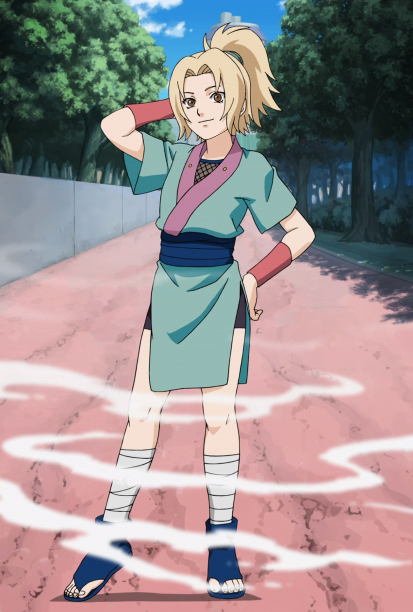 alternate_hairstyle bandage bandages blonde_hair brown_eyes cap fishnets highres naruto ponytail sandals screencap solo spiked_hair stitch stitched tsunade