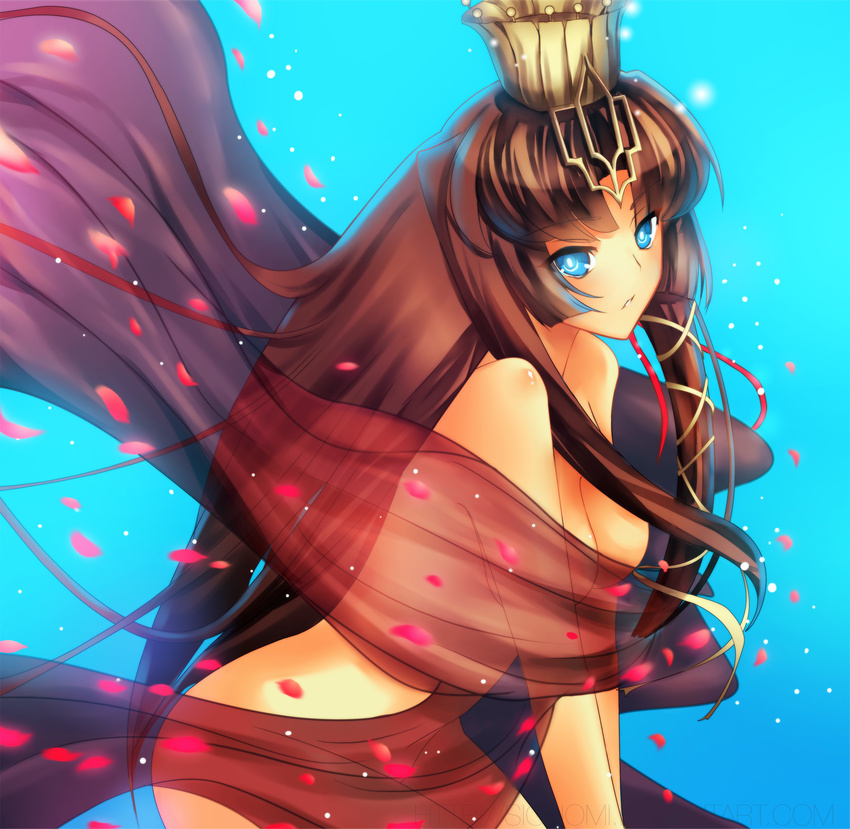 blue_eyes brown_hair crown long_hair nude petals ribbons sakura signomi