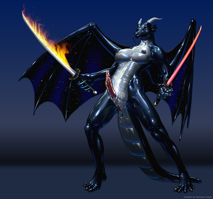 breasts cum dragon erection fire herm hi_res horns intersex kemono_inukai my_god_its_full_of_stars penis pussy pussy_juice rithnok scalie shiny solo sword weapon wings