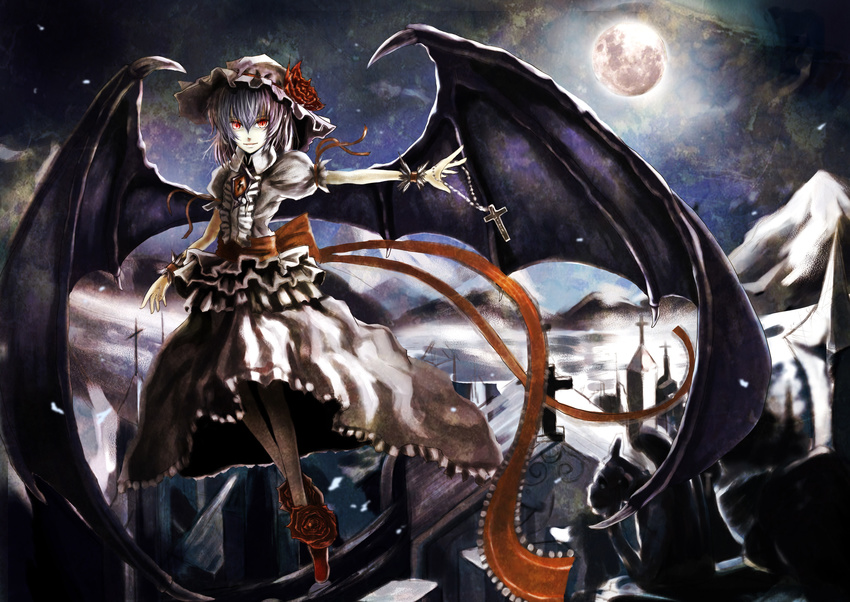 absurdres bat_wings hat highres moon red_eyes remilia_scarlet ross_(clumzero) short_hair solo touhou wings