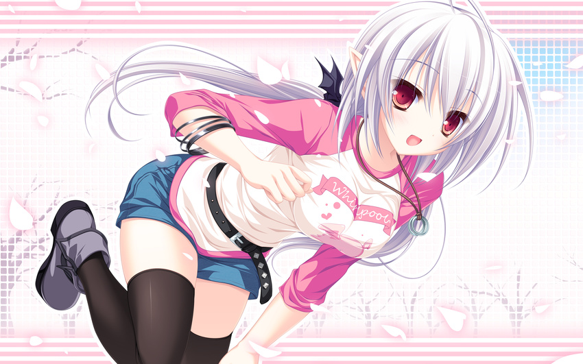 1girl :d absurdres belt bracelet breasts hand_on_knee hand_on_own_knee highres jewelry large_breasts leaning_forward long_hair mikagami_mamizu necklace open_mouth petals pointy_ears raglan_sleeves red_eyes shirt shorts smile solo standing_on_one_leg suzu_(suzukaze_no_melt) suzukaze_no_melt thighhighs wallpaper white_hair zettai_ryouiki