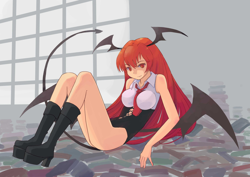 adapted_costume bat_wings boots breasts demon_tail head_wings highres koakuma large_breasts light_smile long_hair pinzu red_eyes red_hair solo tail touhou wings