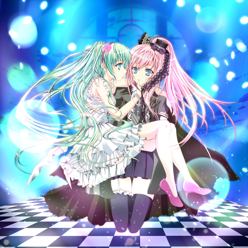 41y_(yooichiwai) aqua_eyes aqua_hair bare_legs bare_shoulders black_legwear blue_eyes carrying checkered checkered_floor colorized hand_on_another's_face hat hatsune_miku highres kneeling light_particles long_hair megurine_luka mini_hat mini_top_hat multiple_girls necktie noumin pink_hair pleated_skirt ponytail princess_carry skirt sleeveless thighhighs top_hat twintails vocaloid wrist_cuffs yuri zettai_ryouiki