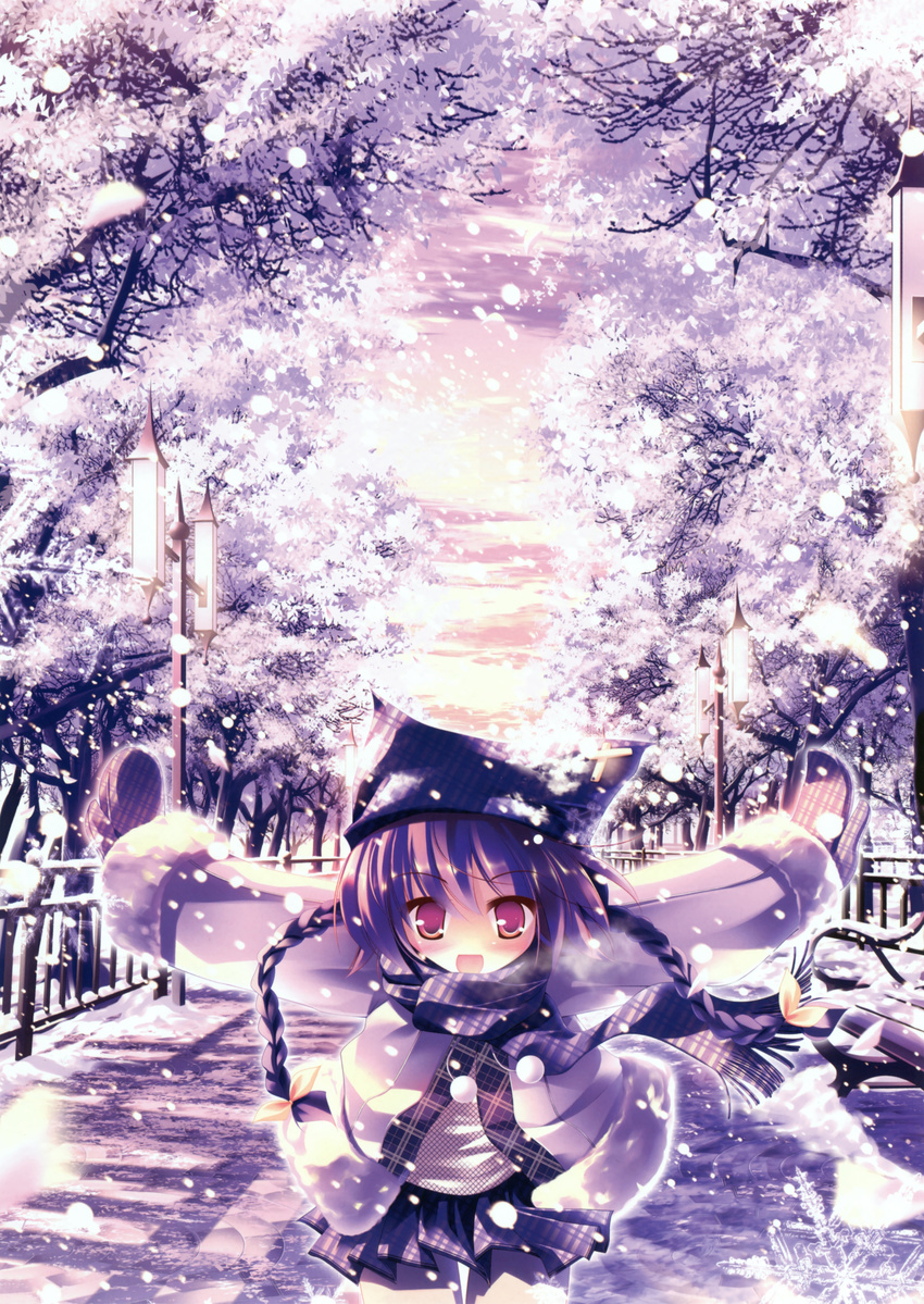 absurdres braid copyright_request gloves happy hat highres inuneko long_hair purple_hair red_eyes scarf skirt sky solo tree twintails