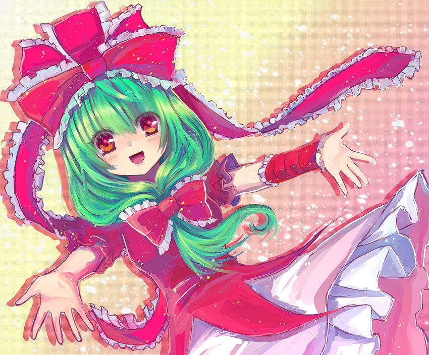 arm_ribbon bad_id bad_pixiv_id blush bow chirosuke dress frills front_ponytail green_hair hair_bow hair_ornament hair_ribbon highres kagiyama_hina long_hair open_mouth orange_eyes outstretched_arms outstretched_hand ribbon smile solo spread_arms touhou