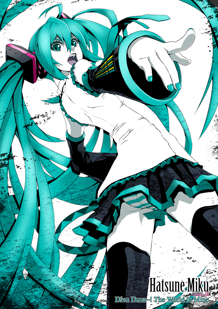 absurdres aqua_eyes aqua_hair bare_shoulders detached_sleeves from_behind hatsune_miku highres long_hair looking_back nail_polish necktie open_mouth pale_skin panties pantyshot paolo_antonio_aguasin pointing skirt solo thighhighs twintails underwear very_long_hair vocaloid