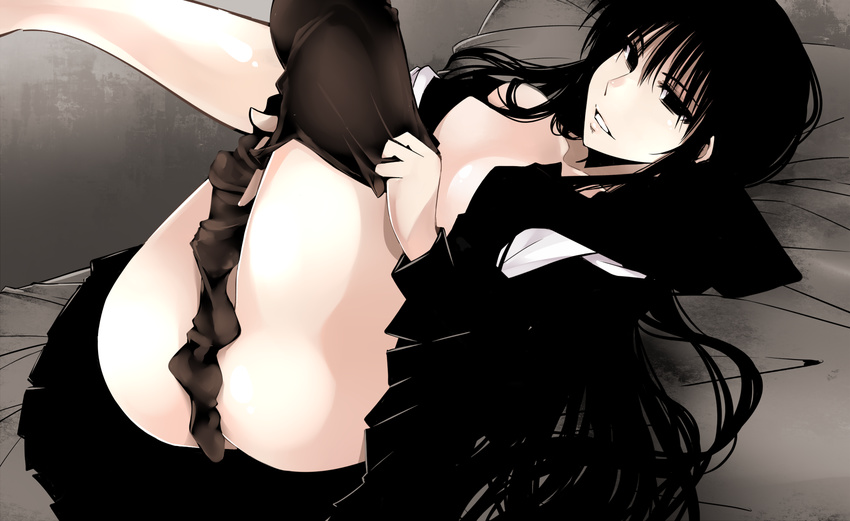 ass black_eyes black_hair breasts censored cleavage convenient_censoring cosaten dressing hagoromo_gitsune highres long_hair lying medium_breasts nurarihyon_no_mago open_clothes open_mouth open_shirt pantyhose pantyhose_pull shirt solo