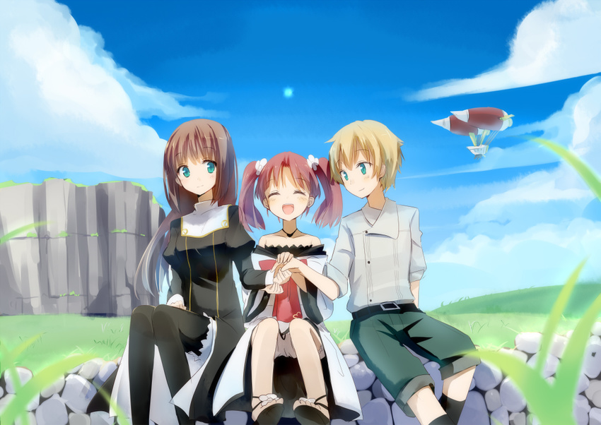 2girls aircraft bad_id bad_pixiv_id black_legwear blonde_hair blue_eyes blush clain cloud day dirigible fractale gochou_(atemonai_heya) green_eyes hands_together long_hair multiple_girls nessa open_mouth pantyhose phryne red_hair short_hair sitting sky smile