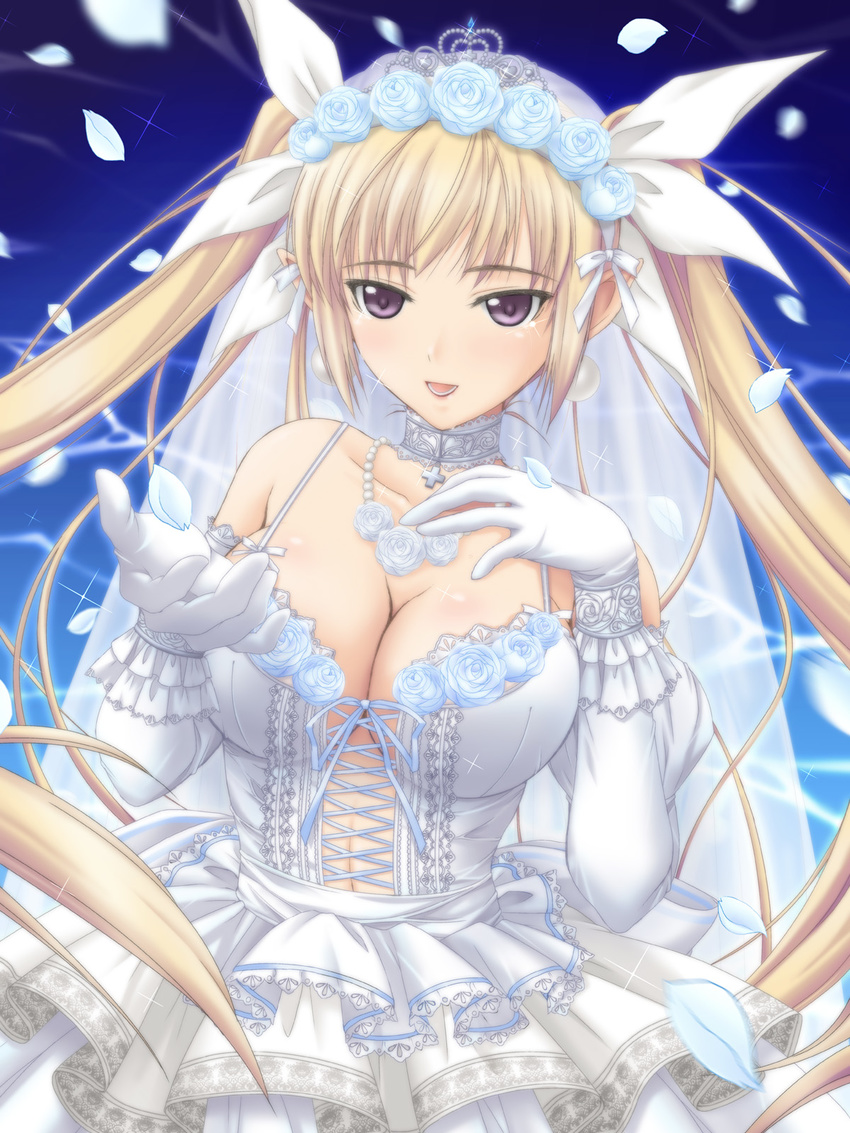 bare_shoulders blonde_hair breasts bridal_veil bride choker cleavage dress earrings elbow_gloves flower gloves hair_ribbon highres jewelry large_breasts long_hair mistral_nereis necklace open_mouth petals pointy_ears purple_eyes ribbon shining_(series) shining_hearts solo tiara twintails veil very_long_hair wedding_dress yoshimura_kentaro