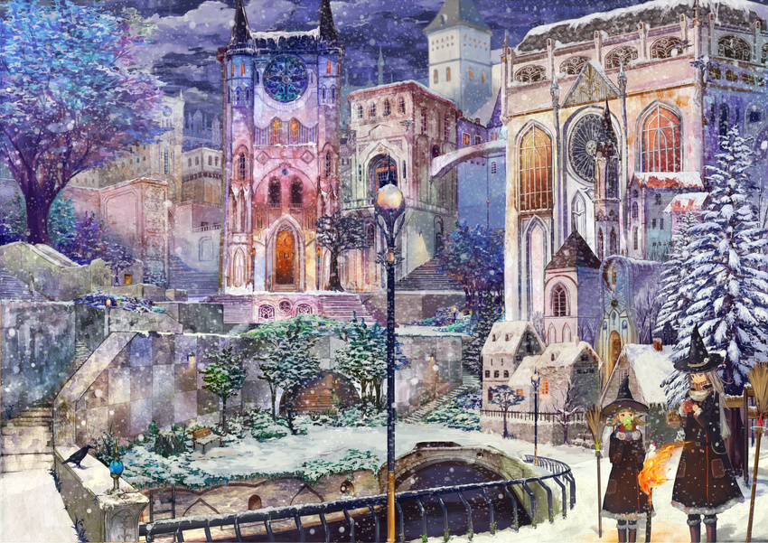 bird broom church cityscape coat cup drinking hat highres lamppost long_hair mug multiple_girls original scarf scenery shigureteki snow snowing standing torch tree winter winter_clothes witch witch_hat