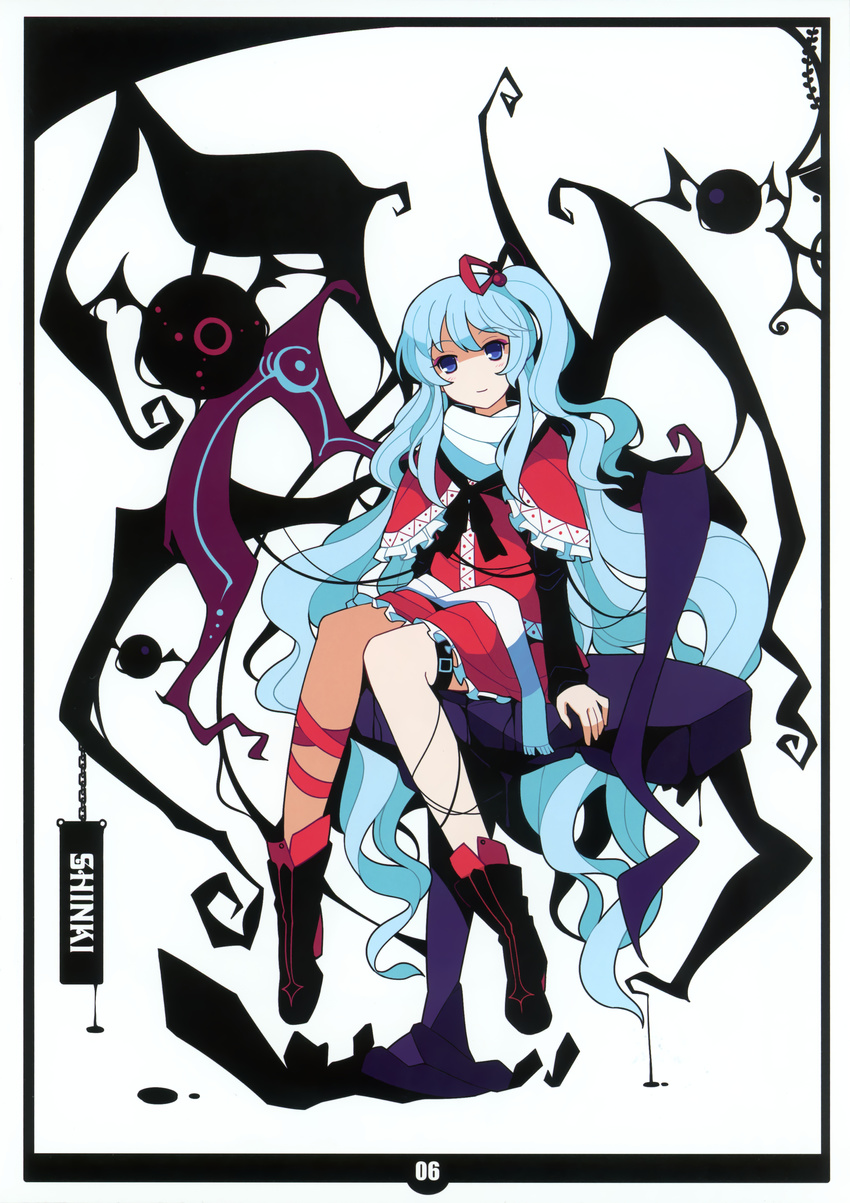 absurdres aqua_hair blue_eyes blue_hair boots full_body hair_bobbles hair_ornament highres ideolo lace leg_ribbon long_hair multiple_wings no_nose ribbon scan shinki side_ponytail simple_background sitting sitting_on_object smile solo touhou very_long_hair white_hair wings