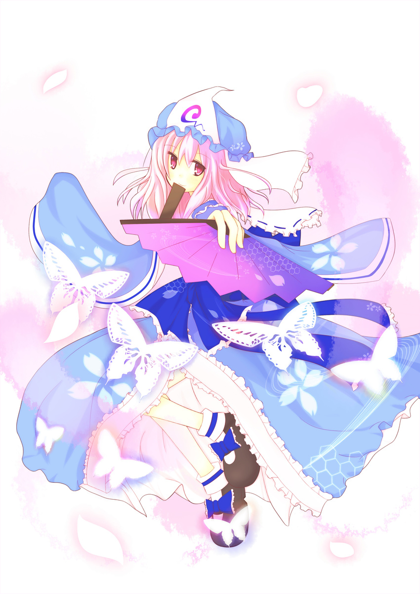 absurdres bug butterfly fan folding_fan ghost hat highres insect japanese_clothes long_hair petals pink_hair red_eyes saigyouji_yuyuko solo touhou yu_only_tea_gardens