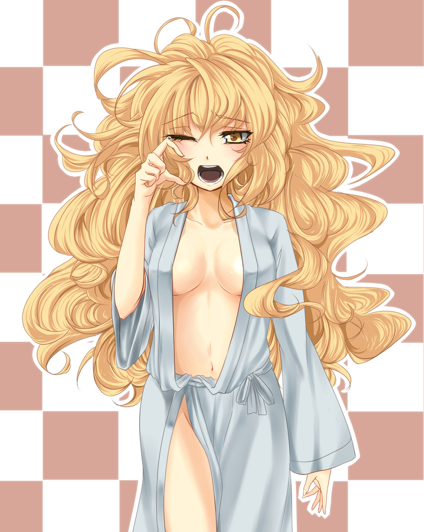 bad_id bad_pixiv_id big_hair blonde_hair breasts checkered checkered_background cleavage highres japanese_clothes kamo_(yokaze) kirisame_marisa long_hair medium_breasts messy_hair navel one_eye_closed open_clothes open_robe robe solo tears touhou underwear underwear_only yawning yellow_eyes