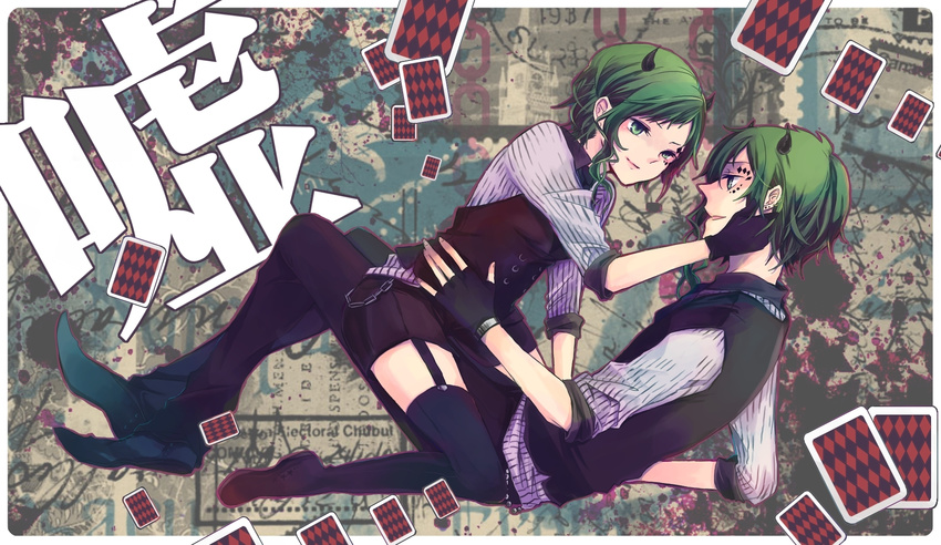 1girl bad_id bad_pixiv_id card facepaint facial_mark floating_card formal garters genderswap genderswap_(ftm) gloves green_eyes green_hair gumi gumiya highres horns key_(baby-mom) poker_face_(vocaloid) short_hair shorts smile suit thighhighs vocaloid