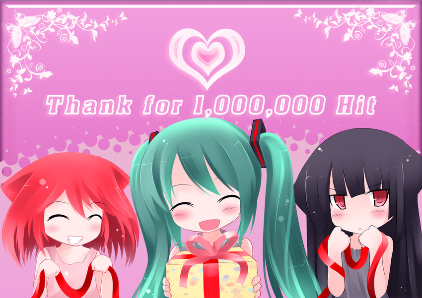 animal_ears black_hair blush box cat_ears catstudioinc_(punepuni) gift gift_box green_hair hatsune_miku kuro_(miku_plus) multiple_girls original puni_(miku_plus) red_hair ribbon smile twintails vocaloid