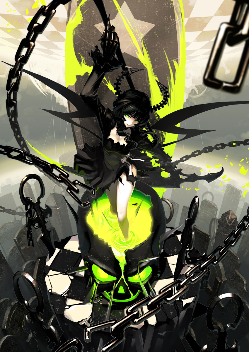 acid arm_up black_dress black_hair black_rock_shooter blurry bow breasts broken broken_chain chain checkered checkered_floor cleavage crack dead_master depth_of_field dress glowing grave graveyard green_eyes highres holding holding_weapon horns large_breasts legs light_smile long_hair long_sleeves pale_skin scythe skeletal_arm skull solo star thighs torn_clothes torn_dress tsunekun wading weapon white_bow wings