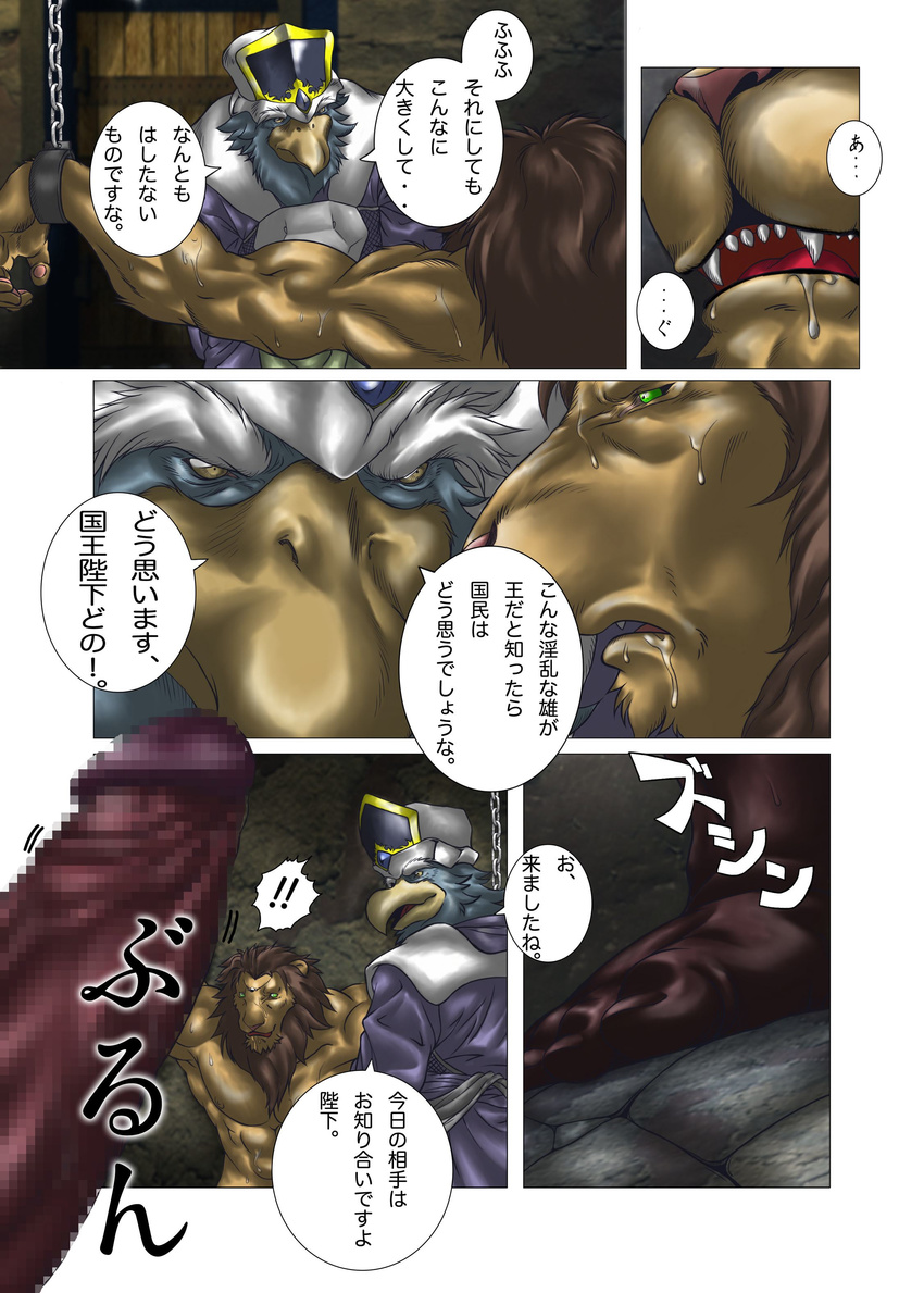 avian biceps big_muscles bomb_(artist) bound bovine bull cattle censored chain comic feline japanese_text king&acute;s_play king&acute;s_play_02 king's_play lion male mammal muscles partially_translated pecs penis shackles text translation_request