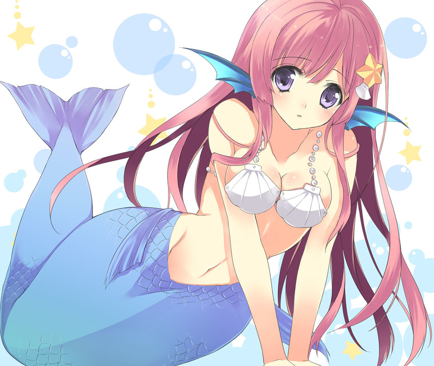 animal_ears bare_shoulders breasts cleavage fish long_hair medium_breasts mermaid monster_girl navel original pearl purple_eyes purple_hair scales shell shell_bikini shells solo starfish yukiwo