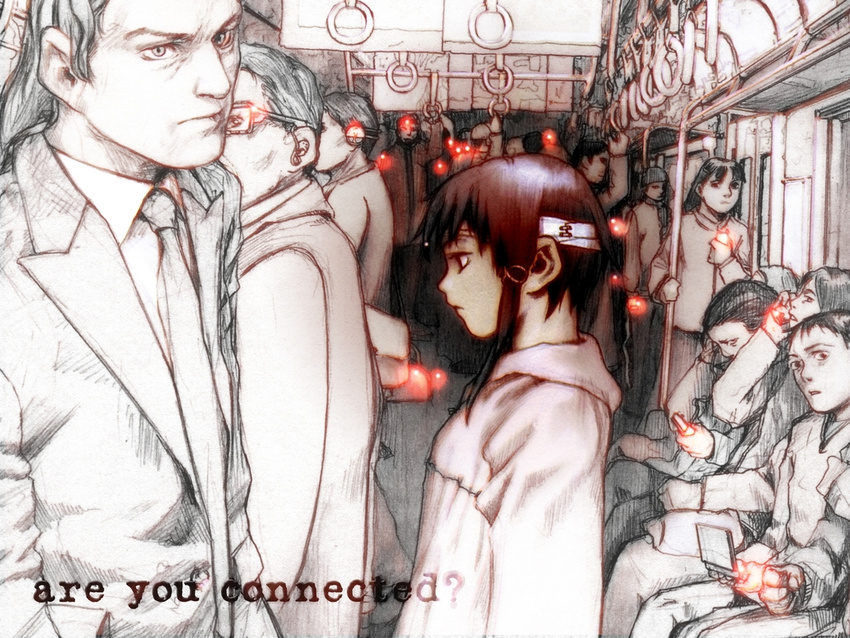 6+girls abe_yoshitoshi brown_hair from_side hairband iwakura_lain light_particles multiple_boys multiple_girls serial_experiments_lain short_hair sketch solo_focus subway text_focus train_interior vanishing_point