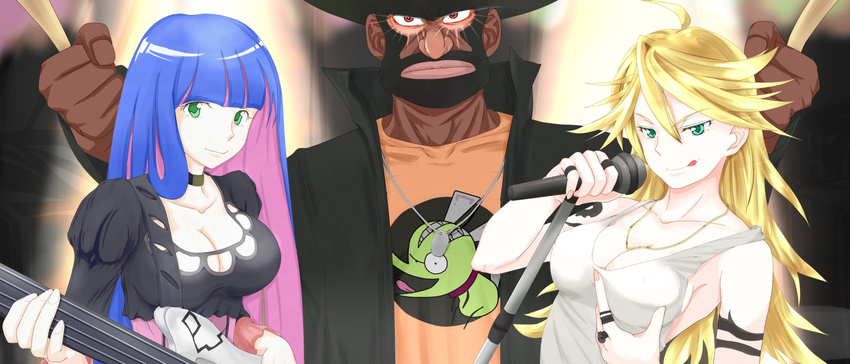 2girls :q afro band bass_guitar beard blonde_hair bracelet breasts chuck_(psg) cleavage dark_skin dress drumsticks facial_hair garterbelt_(psg) green_eyes guitar highres instrument jewelry large_breasts long_hair microphone multicolored_hair multiple_girls necklace panty_&amp;_stocking_with_garterbelt panty_(psg) red_eyes ring stocking_(psg) tattoo tongue tongue_out zzzz