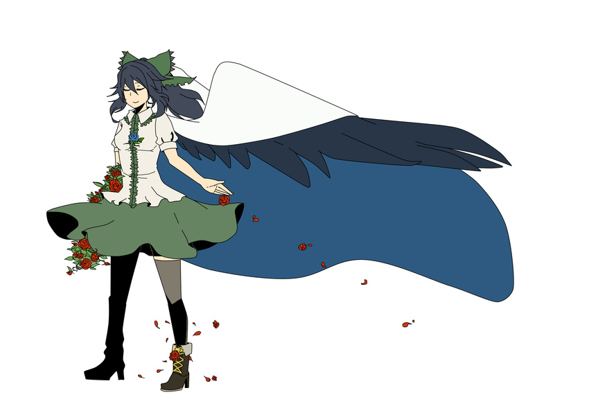 black_wings boots bow cape closed_eyes flower green_bow hair_bow high_heels highres light_smile long_hair petals red_flower red_rose reiuji_utsuho rose rose_petals shoes smile solo thighhighs touhou wings