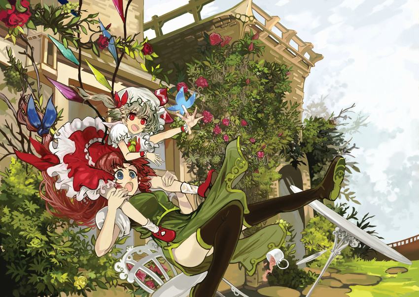 blonde_hair blue_eyes boots chair crystal cup falling flandre_scarlet flower hat highres hong_meiling long_hair multiple_girls open_mouth outstretched_arm outstretched_hand plant reaching red_eyes red_flower red_hair red_rose rose sasurai_susuki saucer side_ponytail surprised table tea teacup thigh_boots thighhighs touhou tree wings