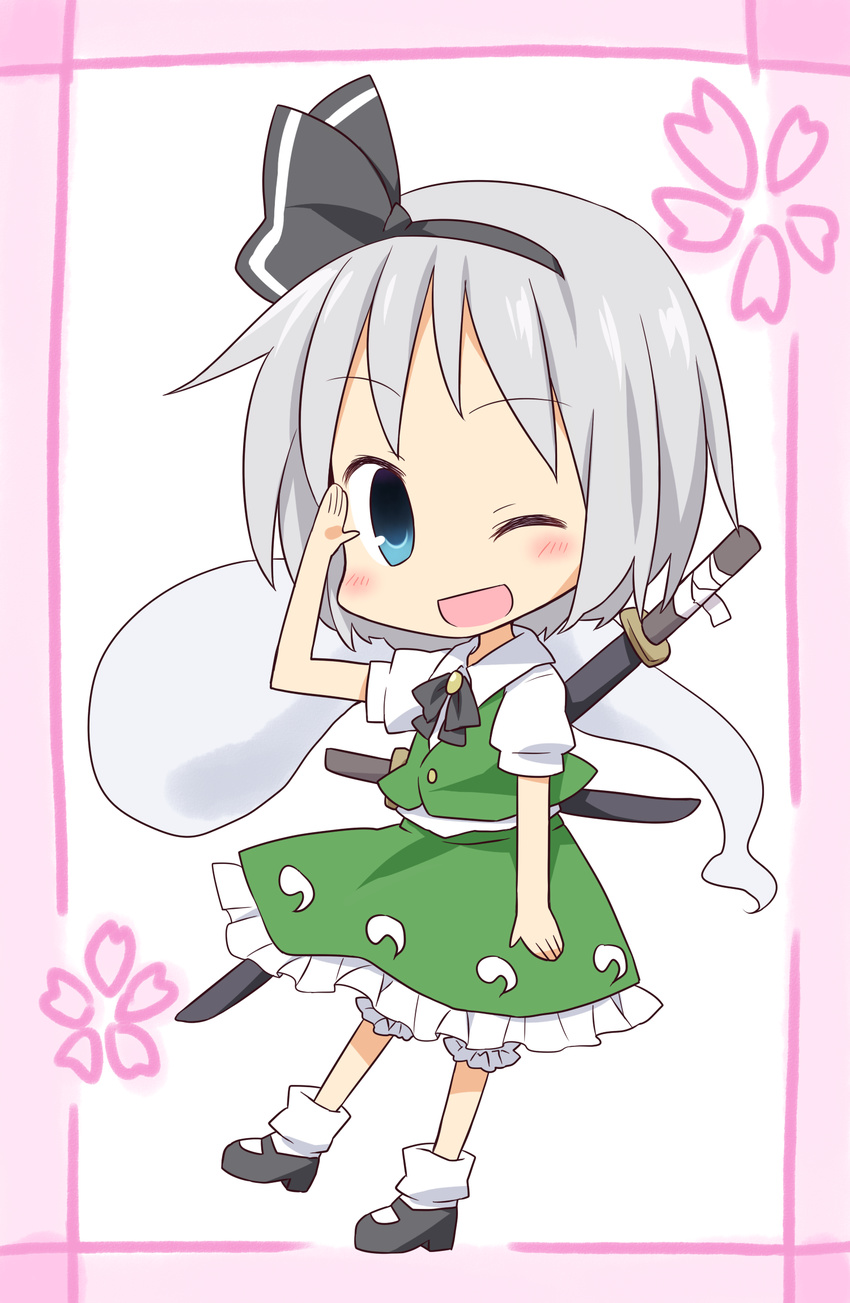 blue_eyes blush chibi dress ghost green_dress hair_ribbon highres katana konpaku_youmu one_eye_closed open_mouth ribbon silver_hair solo sword touhou weapon yamabuki_(yusuraume)