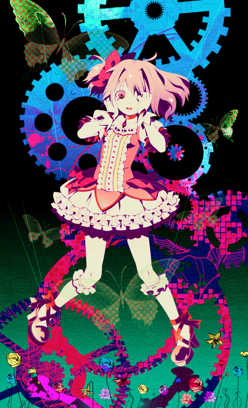 8055 bubble_skirt bug butterfly crazy_eyes flower gears hair_over_one_eye highres insect kaname_madoka magical_girl mahou_shoujo_madoka_magica pink_eyes pink_hair shoes short_hair side_ponytail skirt solo tears