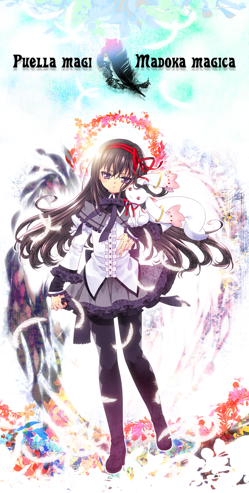 absurdres akemi_homura argyle argyle_legwear bad_id bad_pixiv_id black_hair embellished_costume feathers flower frills highres kyubey leaf long_hair magical_girl mahou_shoujo_madoka_magica pantyhose purple_eyes red_ribbon ribbon soul_gem sumachii