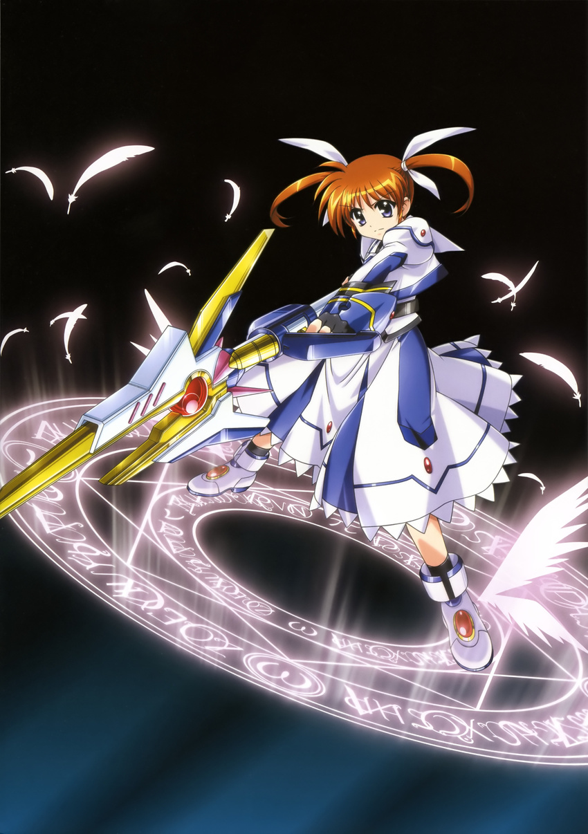 absurdres feathers fingerless_gloves gloves hair_ribbon highres holding holding_weapon lyrical_nanoha magic magic_circle magical_girl mahou_shoujo_lyrical_nanoha mahou_shoujo_lyrical_nanoha_the_movie_1st purple_eyes raising_heart red_hair ribbon shoes solo takamachi_nanoha twintails weapon white_ribbon winged_shoes wings